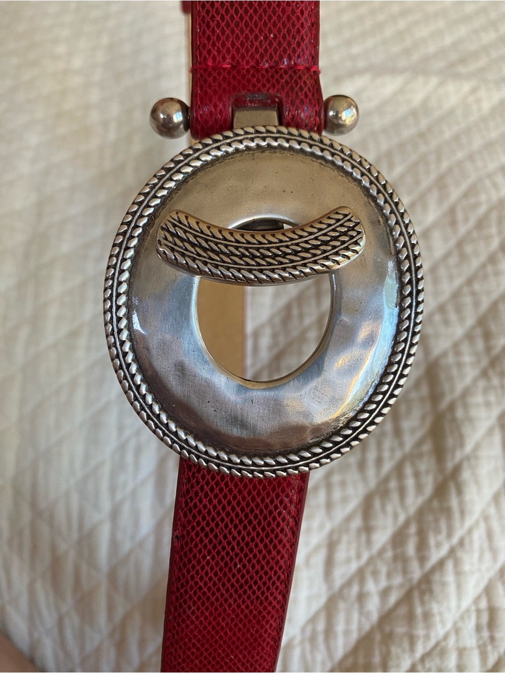 VTG Western Festival Red Snakeskin Leather Statement Belt Silver Oval Toggle XL